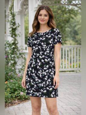 Banana Republic Dress Black Floral Print Shift Short Sleeve Mini